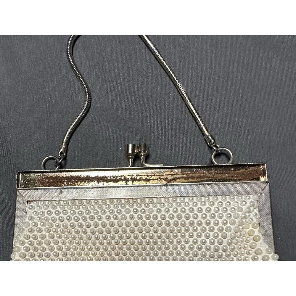 Vintage Hand Made in Hong Kong Mid Century Beaded Purse Ivory Clutch 1950s 1960s